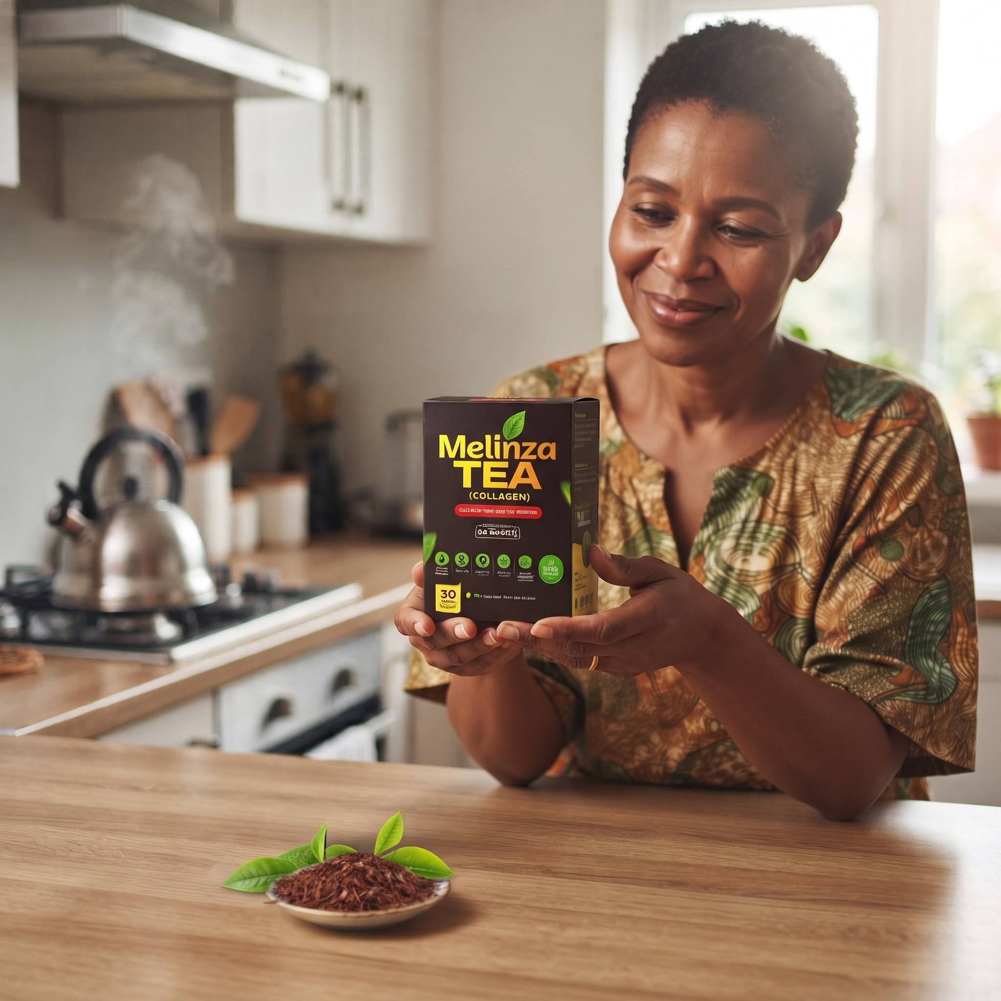 Woman holding Melinza Wrinkles Herbal Tea